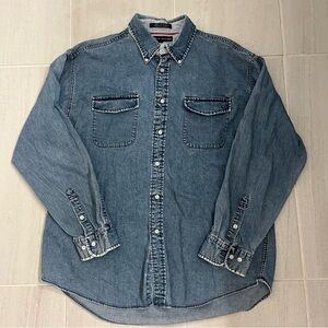 Vintage Tommy Hilfiger Denim Button Front Mens XL Front Flag Logo Blue Jean